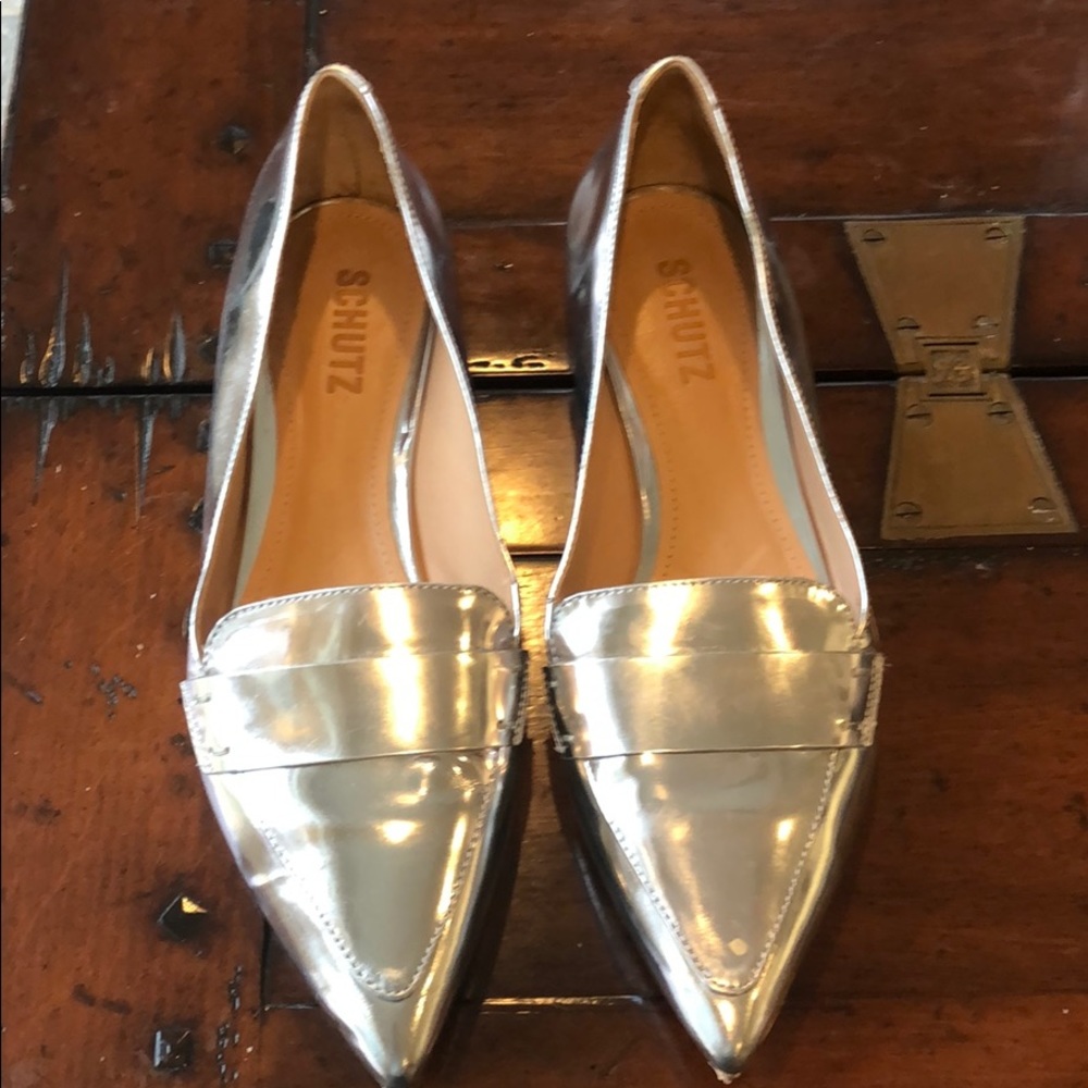 Schutz Pointed Toe Silver Loafers - Size 8